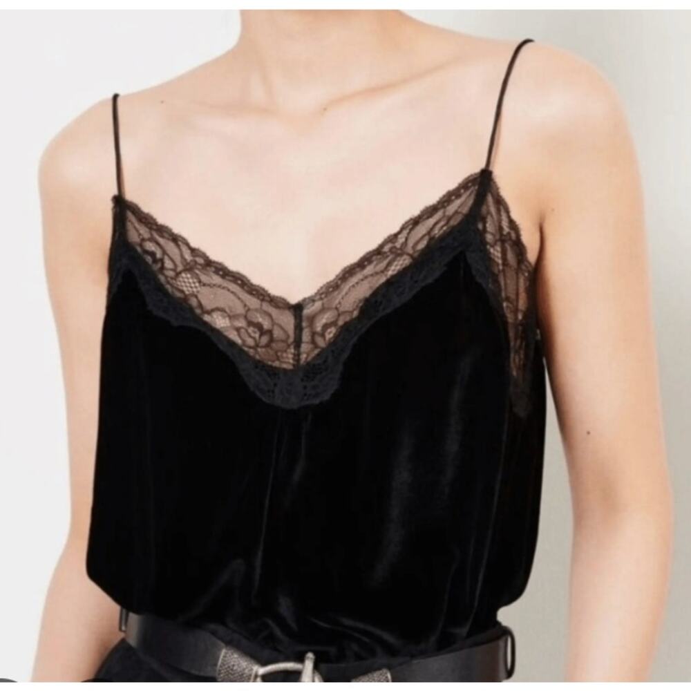ba&sh Viera Camisole Top Black Velvet Silk Lace Cami Tank Womens US 6 INT M - Picture 2 of 11